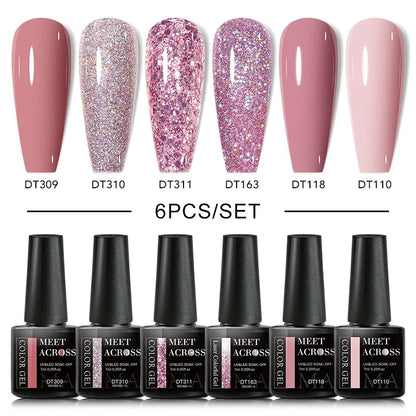 MEET ACROSS 6Pcs Gel Nail Polish Set Pink Red Green Macaron Color Manicure Kit For Nails UV Gel Nail Art Varnish Nail Supplies