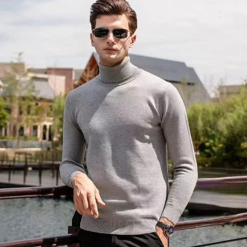 Men's 100% Pure Wool Pullover Sweater For Autumn Winter High Collar Knitted Long Sleeved Loose Solid Color Casual Simple Warmtop