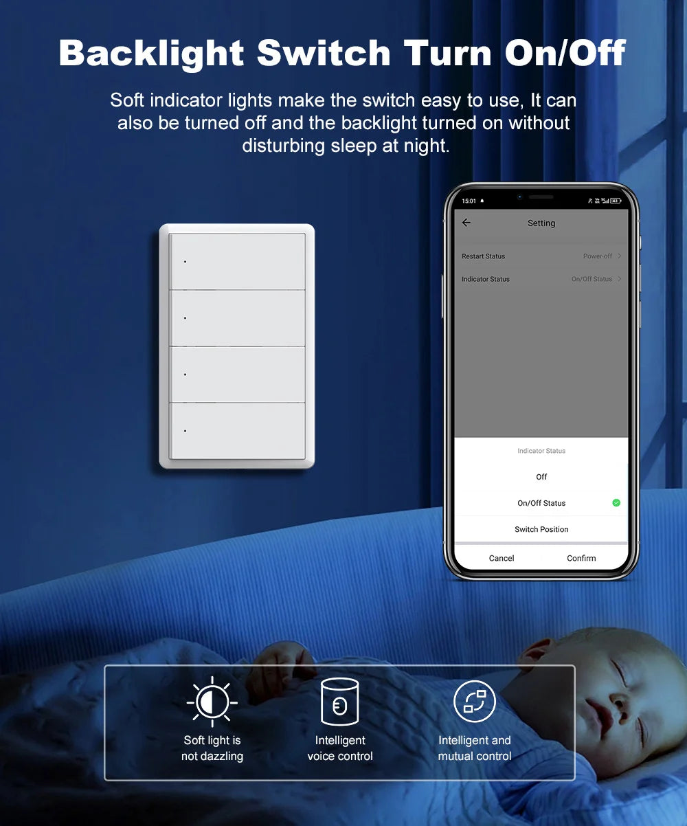 Manhot Matter WiFi Smart Wall Light Switch 1 2 3 4 Gangs with Neutral Wire Push  Physical Light Switches work with Homekit App