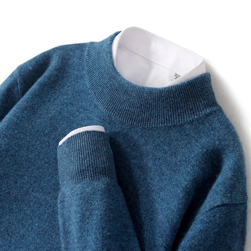 100% Pure Wool Sweater For Men, Half High Neck Knitted Pullover, Long Sleeved Casual Autumn Winter Thick High-End Sweater Warmth