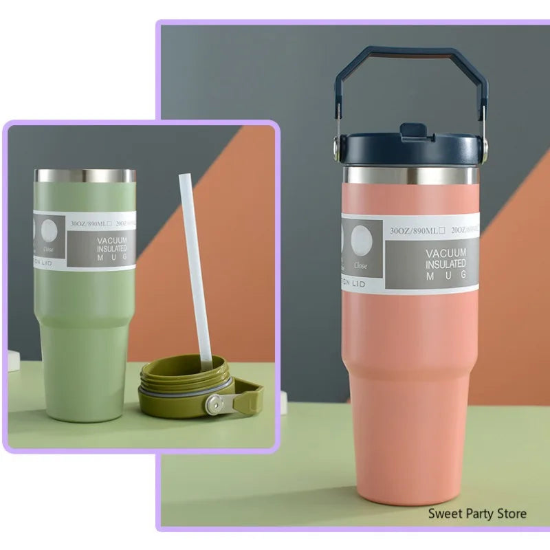 20oz/30oz Stainless Steel Thermos Mug With Straw Keeps Cold and Heat Thermal Mug Tumbler Outdoor Sports Thermal Water Bottle