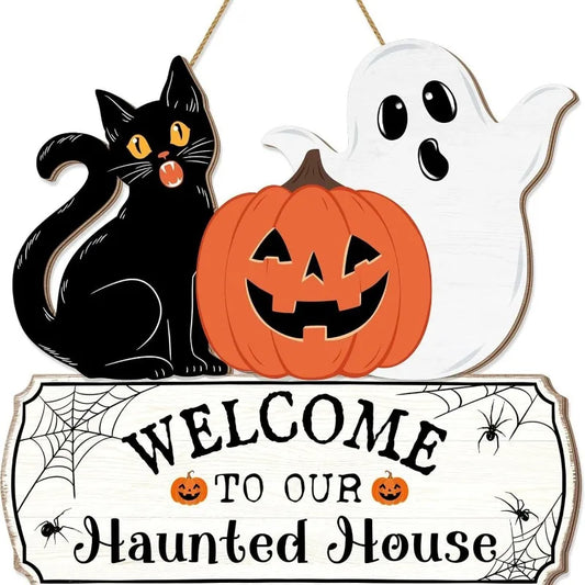 1pcs New Front Door Halloween Welcome Sign Pumpkin Skeleton Wreath Wooden Halloween Party Decoration