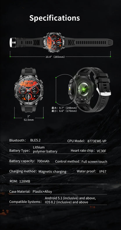 AK75 Smart Watch Flashlight 1.9inch Men Outdoors Sports Fitness Tracker 700mah Large Battery BT Calling LED Light Smartwatch
