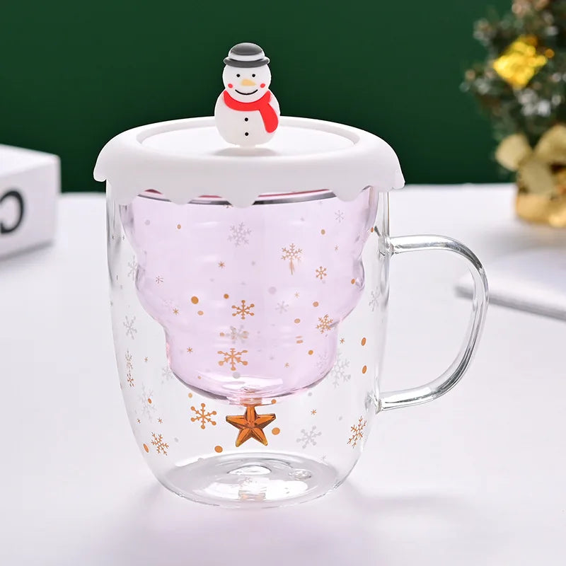 Christmas Tree Cup Transparent Double Heat Resistant Creative Couples Mug Snowflake Drinking Glass Children's Gift Coffee Cups