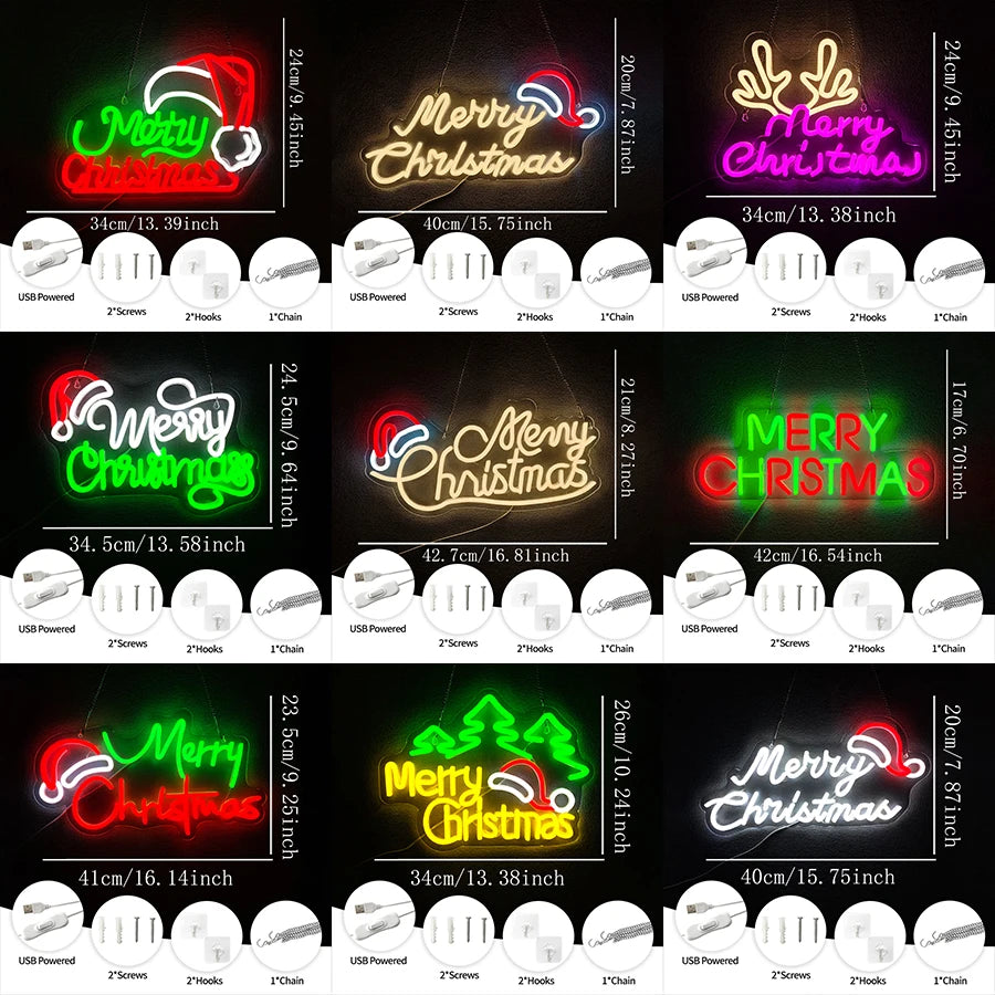 Merry Christmas Neon Sign for Wall Decor,Christmas Neon Sign with Xmas Tree and Santa Hat for  Living Room Home Party Decor