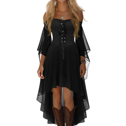 Halloween Witch Cosplay Costumes Women Casual Plus Size Cold Shoulder Dress Solid Color Chiffon Butterfly Sleeve Gothic Dress