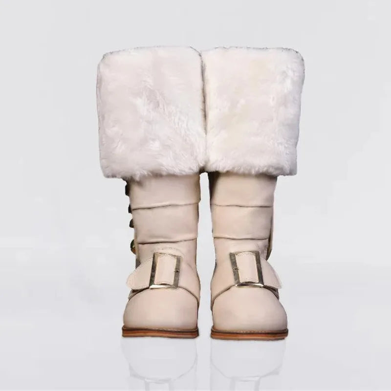 Christmas Santa Claus Boots Men Cosplay New Year Red Black Leather Shoes White Plush Cuffs Foot Halloween Xmas Winter Boots