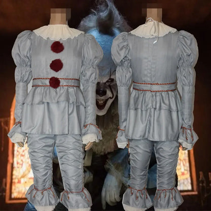 New Halloween Adult Men Pennywise Clown Cosplay Costume Carnival Party Boys Girls Stage Performance Villain Vintage Clothing Set