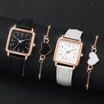 2/4PCS Fashion Square Women's Watch Leather Band Quartz Watches Heart Bracelet Set（Without Box）