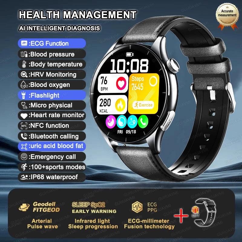 2025 New Health Analysis ECG+PPG Smart Watch Body Fat Uric Acid Blood Pressure Heart Rate Tracker NFC Smartwatch For Android IOS