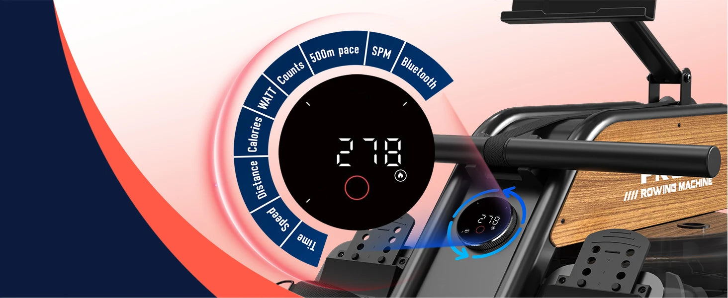 Fysiq Home Rowing Machine, Made of High-Quality Wood, 28L Extra-Large Water Tank, 50% Increased Resistance, Bluetooth Display, Maximum User Height 200cm