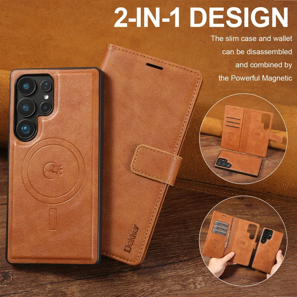 2 In 1 Magnetic Leather Case for Samsung Galaxy S25 Ultra S24 Plus S23 + S25Ultra S25U Wireless Charging Card Slot Phone Cover