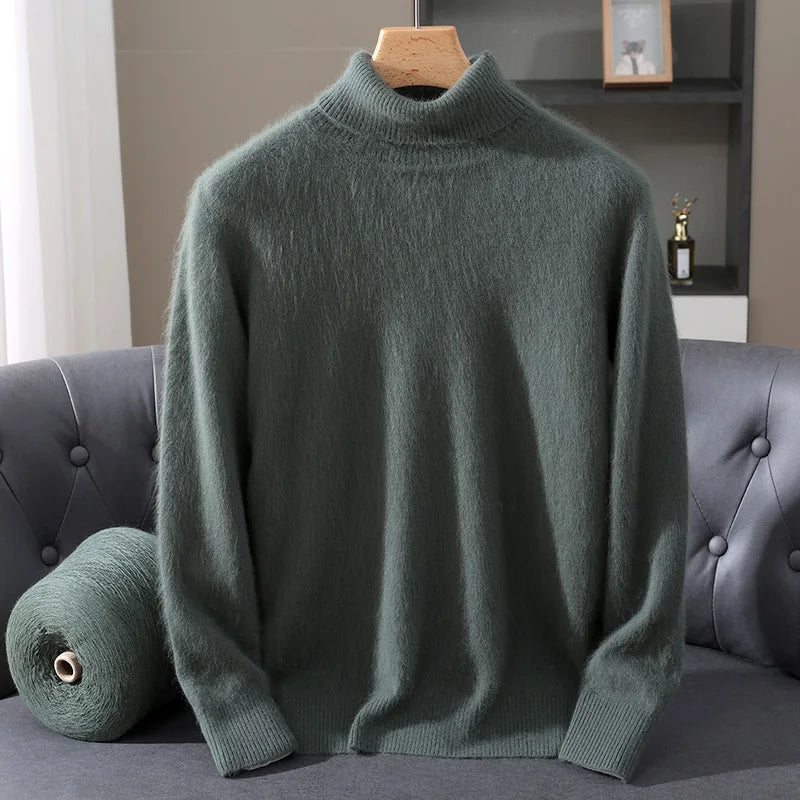 Autumn Winter Men's High Neck Pullover Knitted Sweater 100% Mink Cashmere Long Sleeved Loose Business Casual Warm Top New Styles