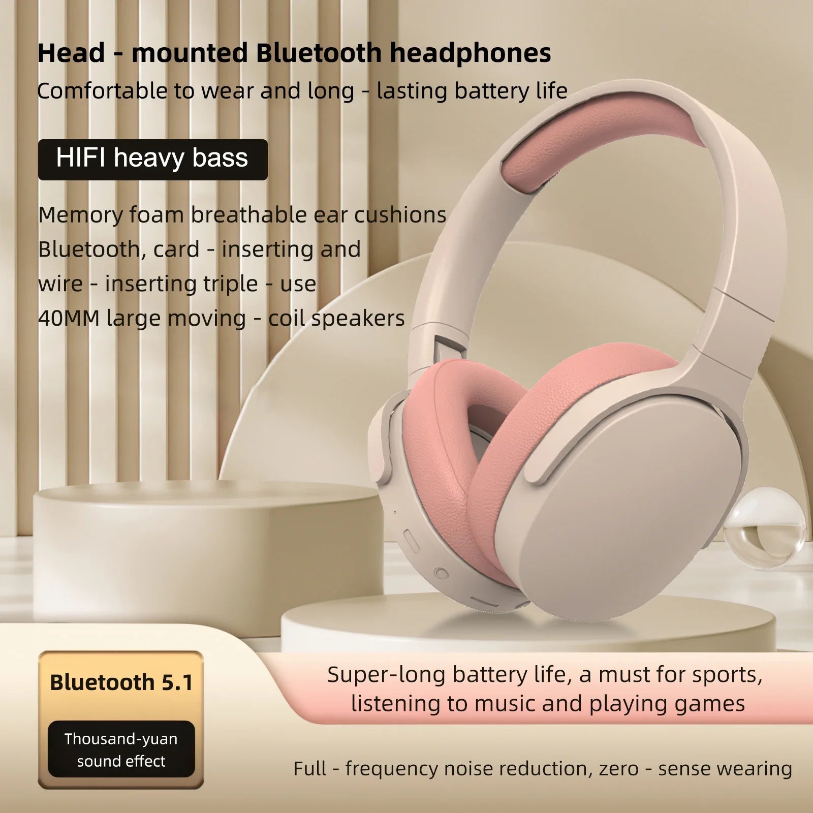 Wireless Headphones BT 5.1 Over Ear HiFi Stereo Headset True Wireless Sports Earphones Noise Cancelling Gaming Headphones