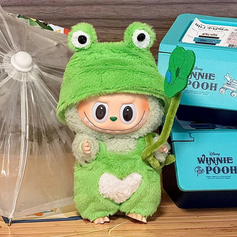 Doll Clothes For LABUBU Frog Set Jumpsuit Kawaii Fisherman Hat 2PCS/Pack Plush Cotton Doll Dress Up Game Decoration