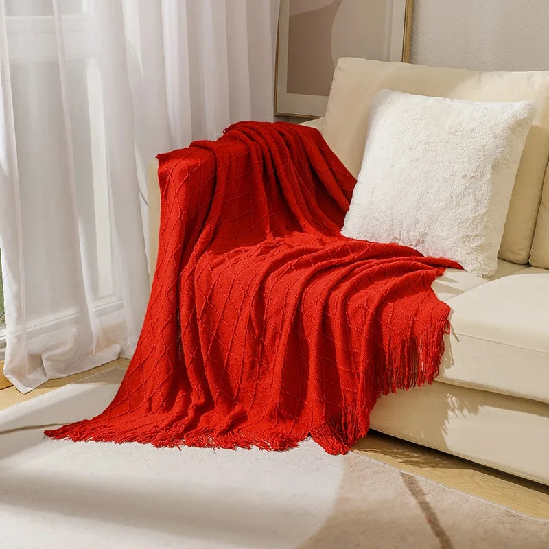 Khaki Gift Knitted Blanket with Tassels Chunky Vintage Luxury Farmhouse Throw Bedspread Oversized Blanket Cover Manta Para Sofá