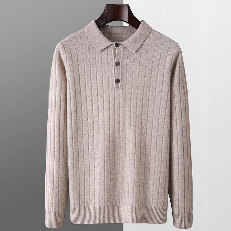 Winter New Men's Pure Wool Sweater Loose POLO Collar Vertical Pattern Thickened Sweater Casual Business High end CashmereSweater
