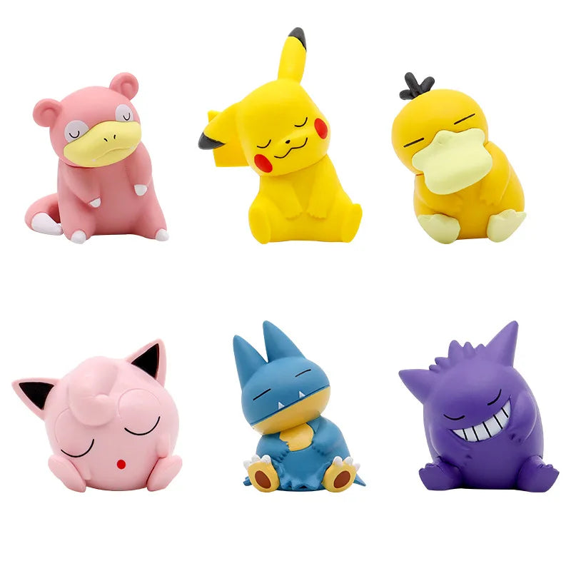 Pokemon 6pcs/set Pikachu Psyduck Gengar Jigglypuff Gonbe Slowpoke Shoulder To Shoulder Sleep Cute Model Doll Action Figure Toys