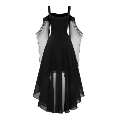 Halloween Witch Cosplay Costumes Women Casual Plus Size Cold Shoulder Dress Solid Color Chiffon Butterfly Sleeve Gothic Dress