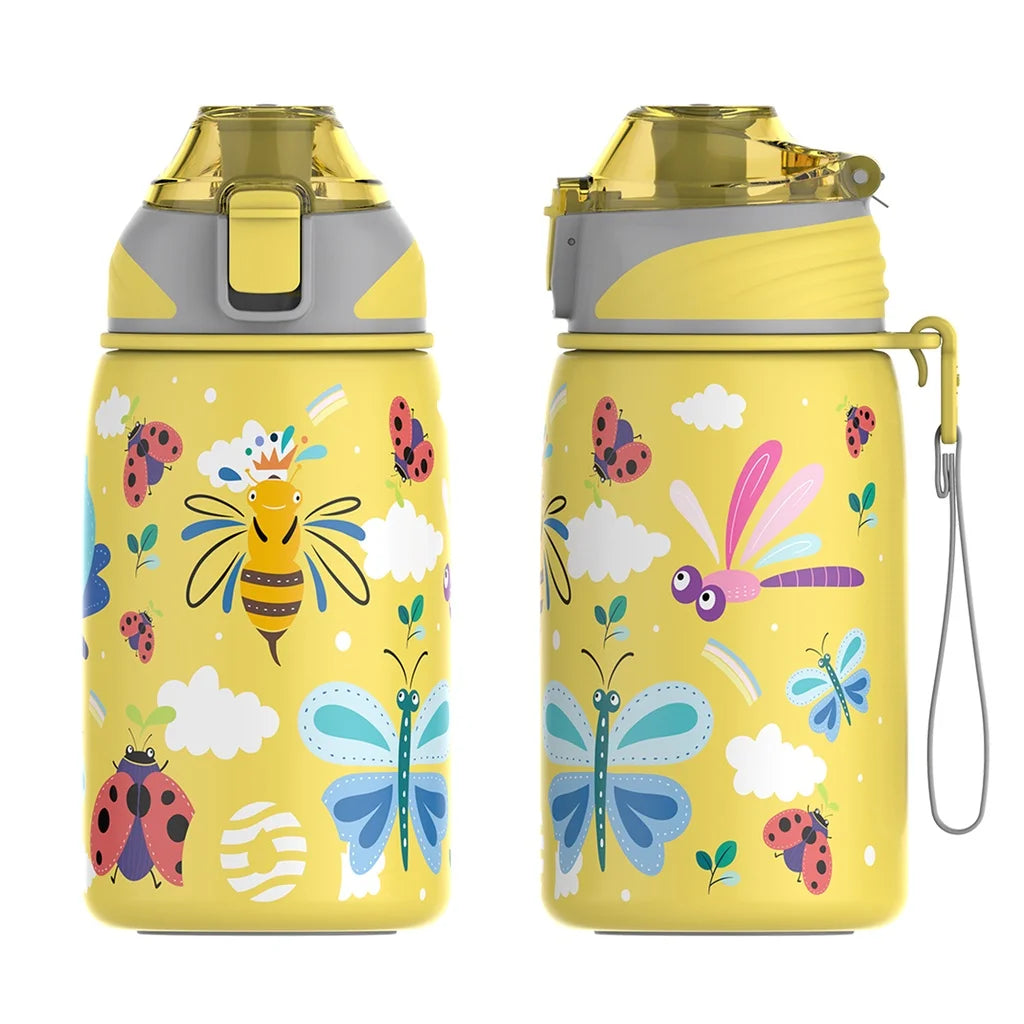Fjbottle Kids Water Bottle Stainless Steel 400ml,1-Click Opening, BPA-Free Leak-proof Thermos Bottle, Cartoon Water bottle