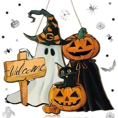 1pcs New Front Door Halloween Welcome Sign Pumpkin Skeleton Wreath Wooden Halloween Party Decoration