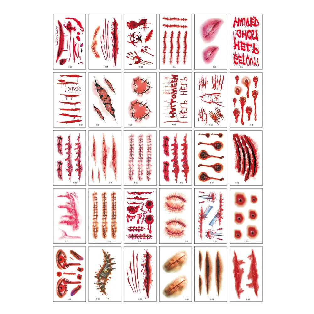 30pcs Waterproof Halloween Tattoo Stickers Bleeding Wound Scar Temporary Tattoos for Women Men Fake Tattoo For Halloween Party