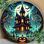 Classic Halloween Haunted House Iron Sign - Weather-Resistant Round Metal Decor for Door & Wreath