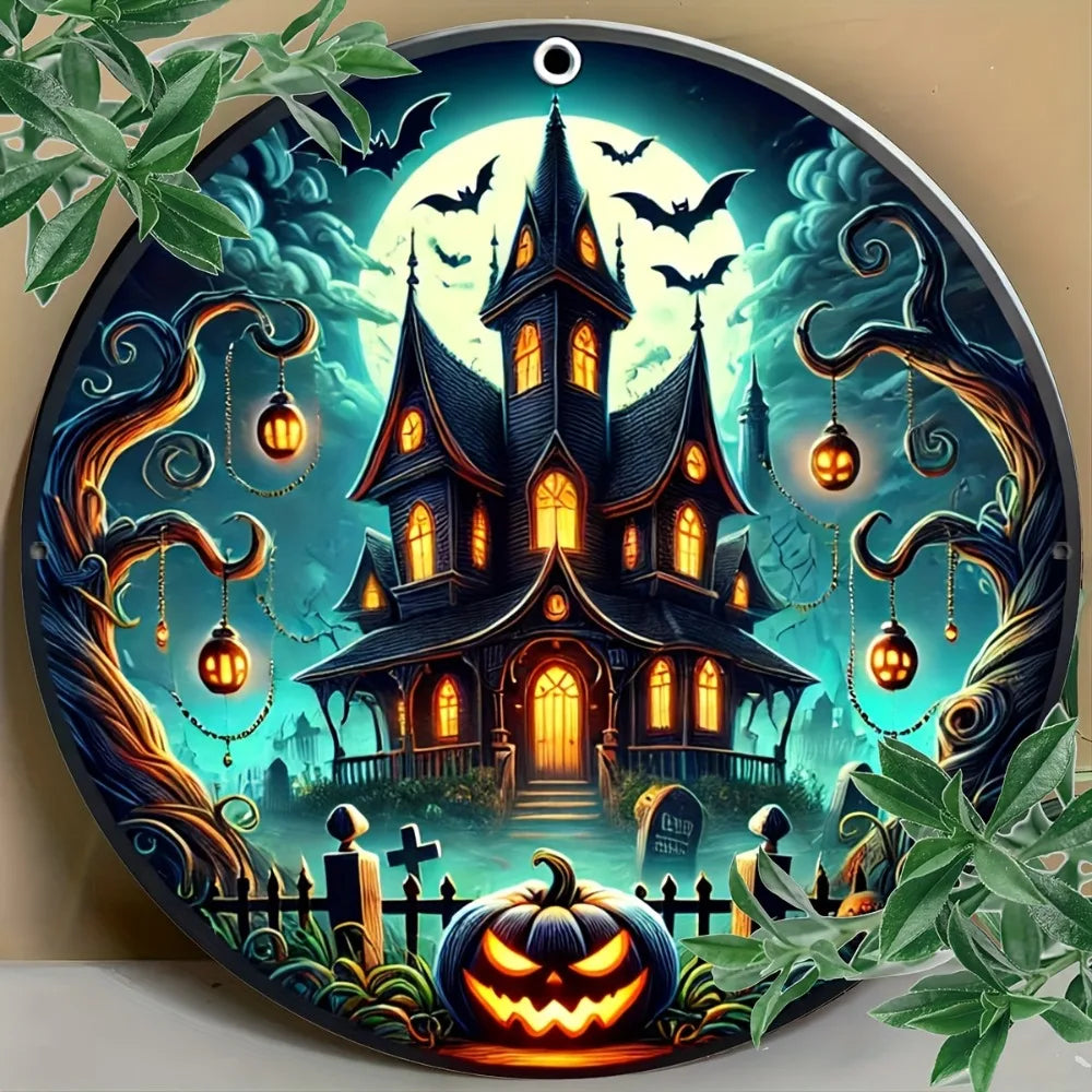 Classic Halloween Haunted House Iron Sign - Weather-Resistant Round Metal Decor for Door & Wreath