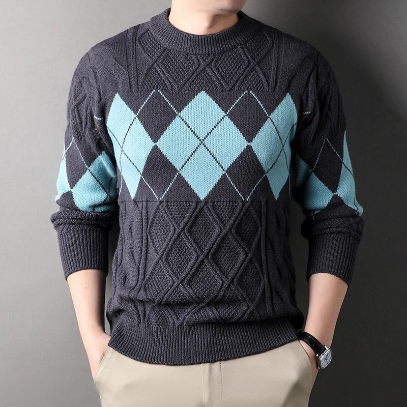 High Quality Thick Mens Sweater Fashion Argyle Mock Neck Knitted Pullovers Autumn Winter Patchwork Warm Casual Knit Sweater Men