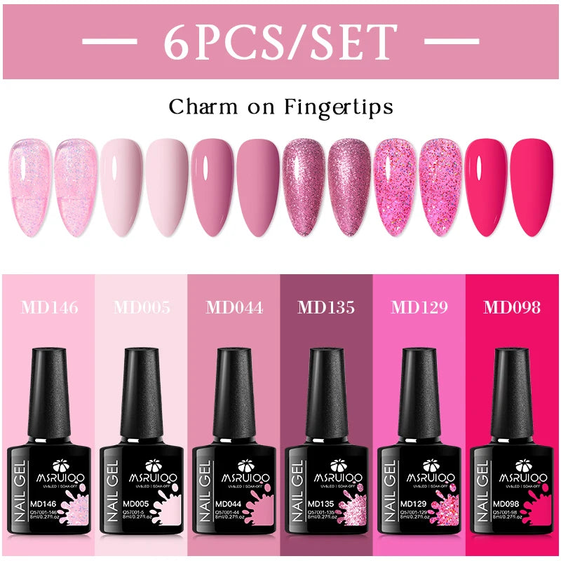 MSRUIOO 6pcs Nude Pink Gel Nail Polish Set Glitter Colorful Semi Permanent UV Gel Kits DIY Nail Art Painting Varnish Manicure