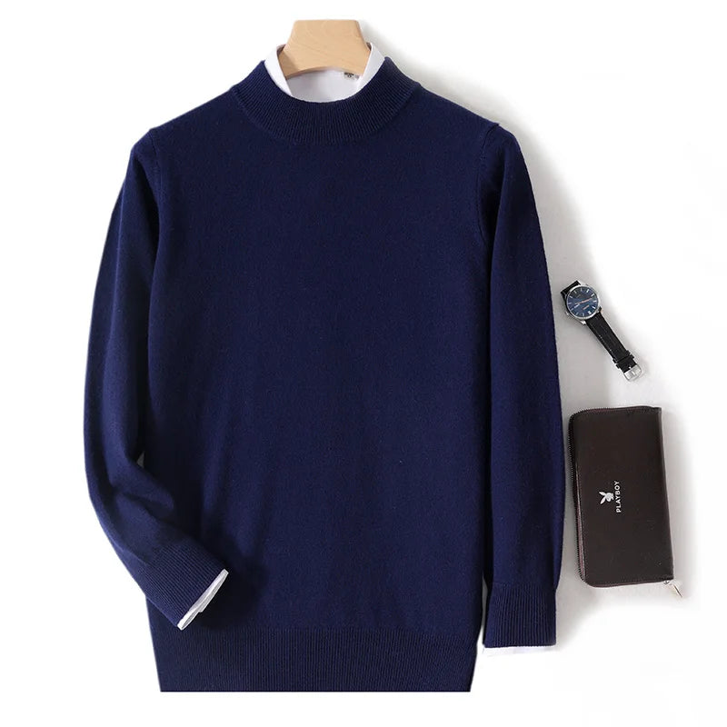 100% Pure Wool Sweater For Men, Half High Neck Knitted Pullover, Long Sleeved Casual Autumn Winter Thick High-End Sweater Warmth