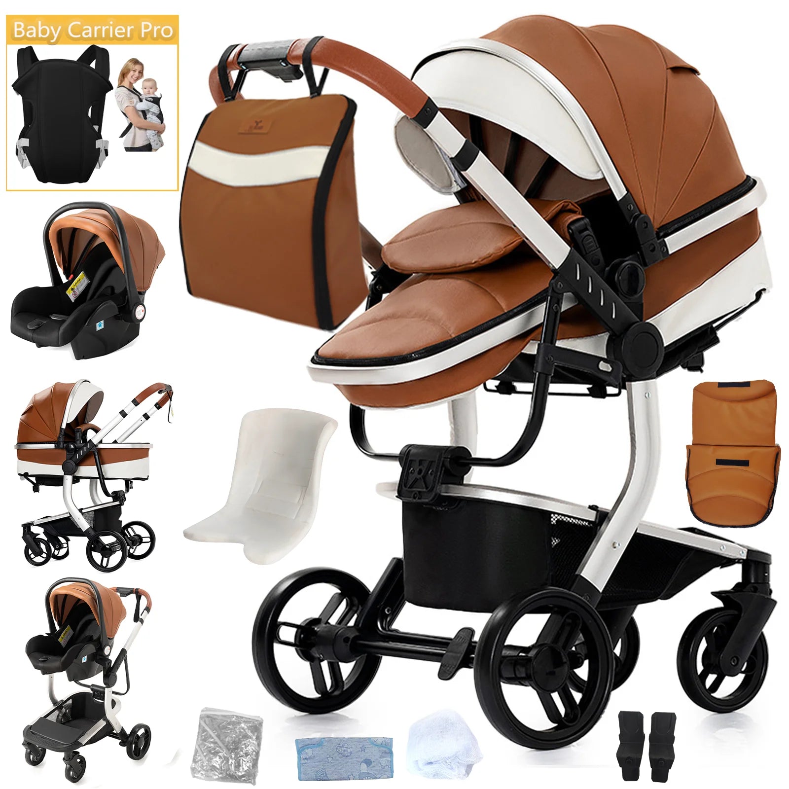 Lightweight Baby Stroller 3 in 1 Stroller PU Leather Stroller for Newborn Baby Car Seat Portable Baby Cart Pram High Landscape