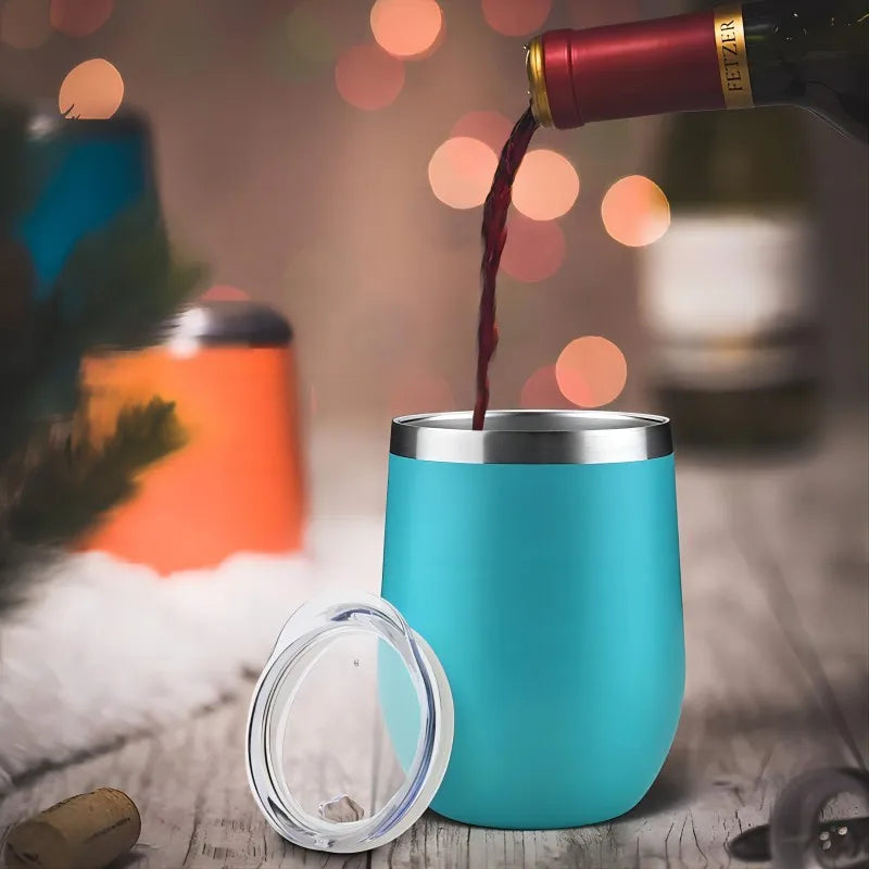KUUJOJO 12 oz Wine Glass with Lid Stemless Wine Glass Double Walled Vacuum Travel Mug Stainless Steel Coffee Mug