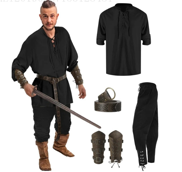 Retro Vintage Medieval Renaissance Pants Outfits Waist Belt Shirt Arm Guards Pirate Men's Cosplay Costume Halloween