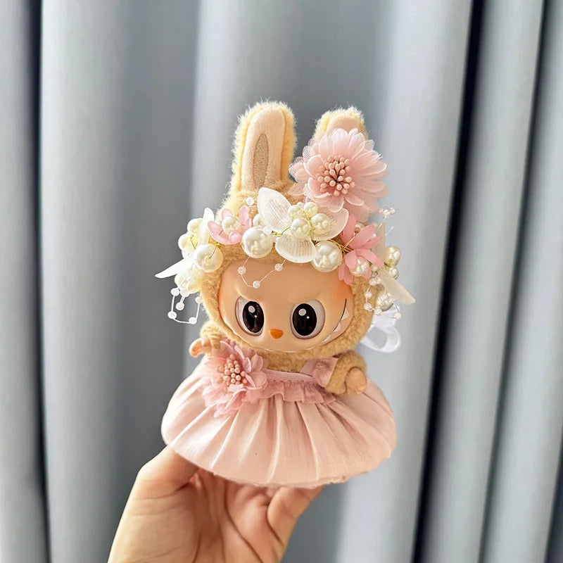 Luxury Plush Wedding Dress Dolls Clothes for Labubu I II Korea Style Fluffy Romantic Wedding Dress Flower Hat Suit for Ladbubu