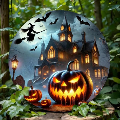 Vintage Halloween Metal Sign - Aluminum Plaque Featuring Ghosts, Pumpkins, Castles & Witch Silhouettes | Perfect for Man Caves,