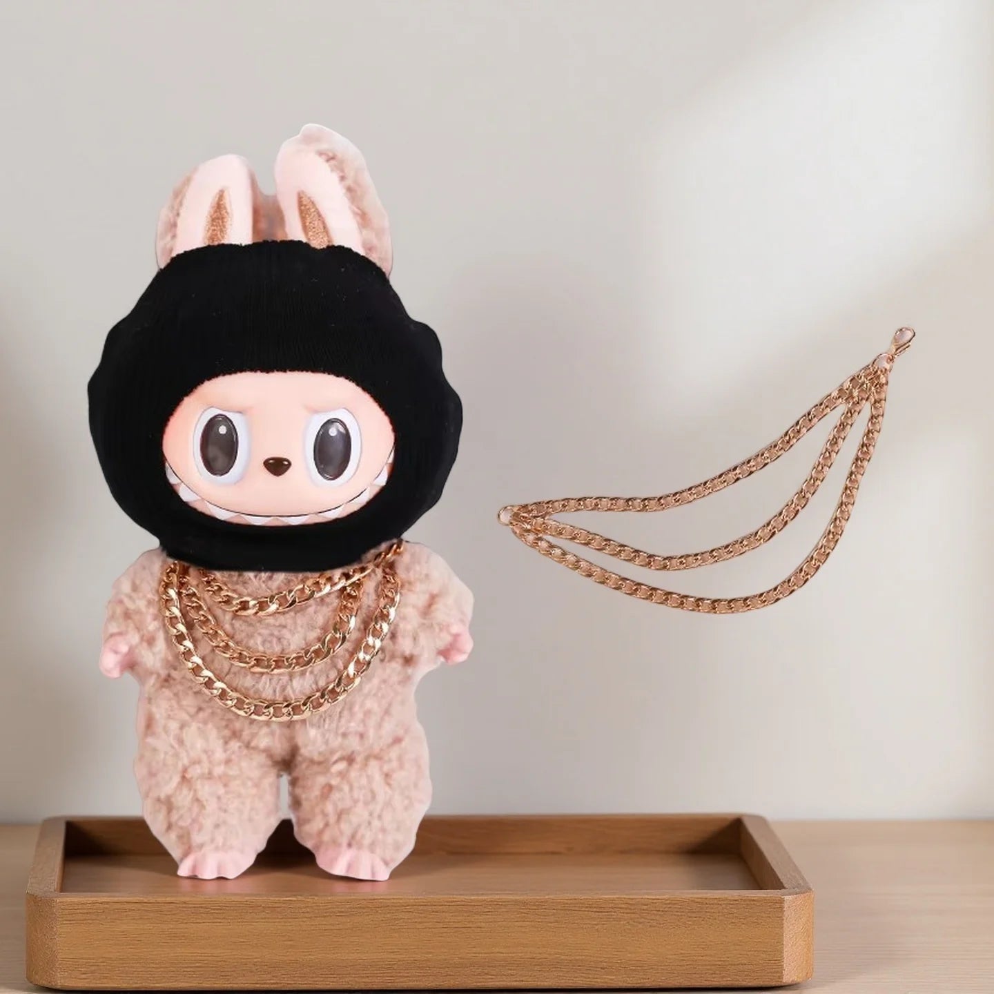 Luxury Tidal Current Labubu Black Hip Hop Mask Knitted Hat Accessories 3-Layer Big Gold Chain Street Fashion Doll Ornaments