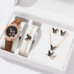 Women Watch Ring Necklace Earrings Bracelet Set Watches Butterfly Leather Strap Ladies Quartz WristWatch (No Box)