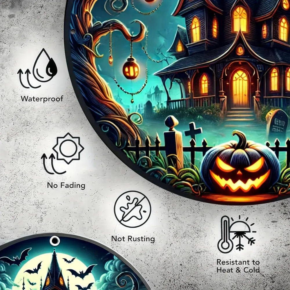 Classic Halloween Haunted House Iron Sign - Weather-Resistant Round Metal Decor for Door & Wreath