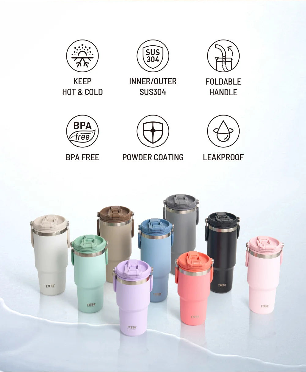 Tyeso Large-Capacity Vacuum Flasks Handle Vacuum Cup Dual-Drink Coffee Mug Stainless Steel Ice Cup Car Bottle Hot Cold Retention