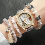 3/4/5PCS Fashion Rhinestone Women's Watch Flowers Printed Leather Band Female Quartz Watches Bracelets Set（Without Box）