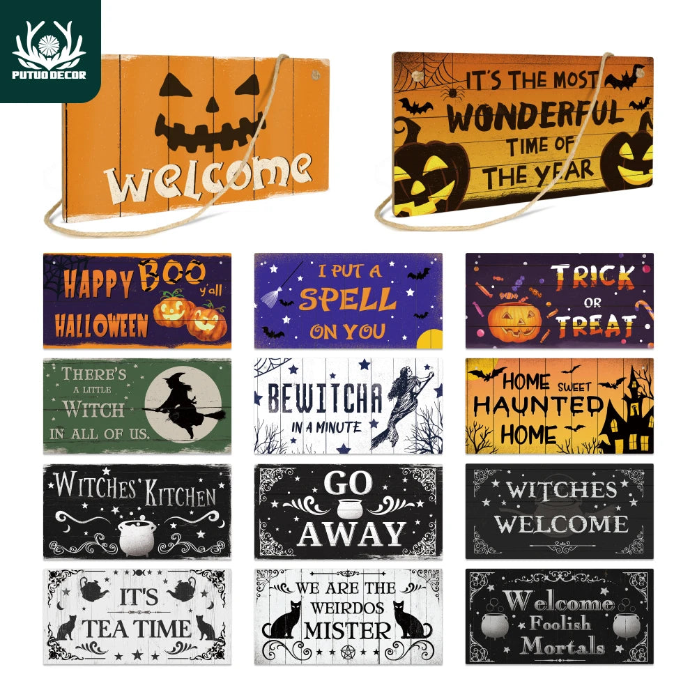 Putuo Decor Halloween Wooden Hanging Pendant Door Sign Pumpkin Ghost Bat Swith Greeting Doorplate Wood Crafts Happy Halloween Da