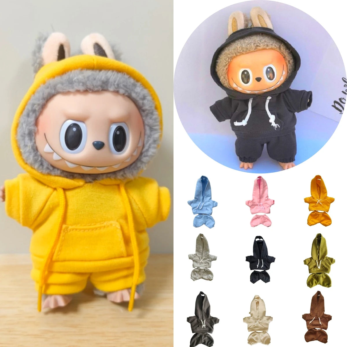 17cm Labubu Doll Black Hoodie Sweatshirt and Pants Set for Doll DIY Outfit Gift