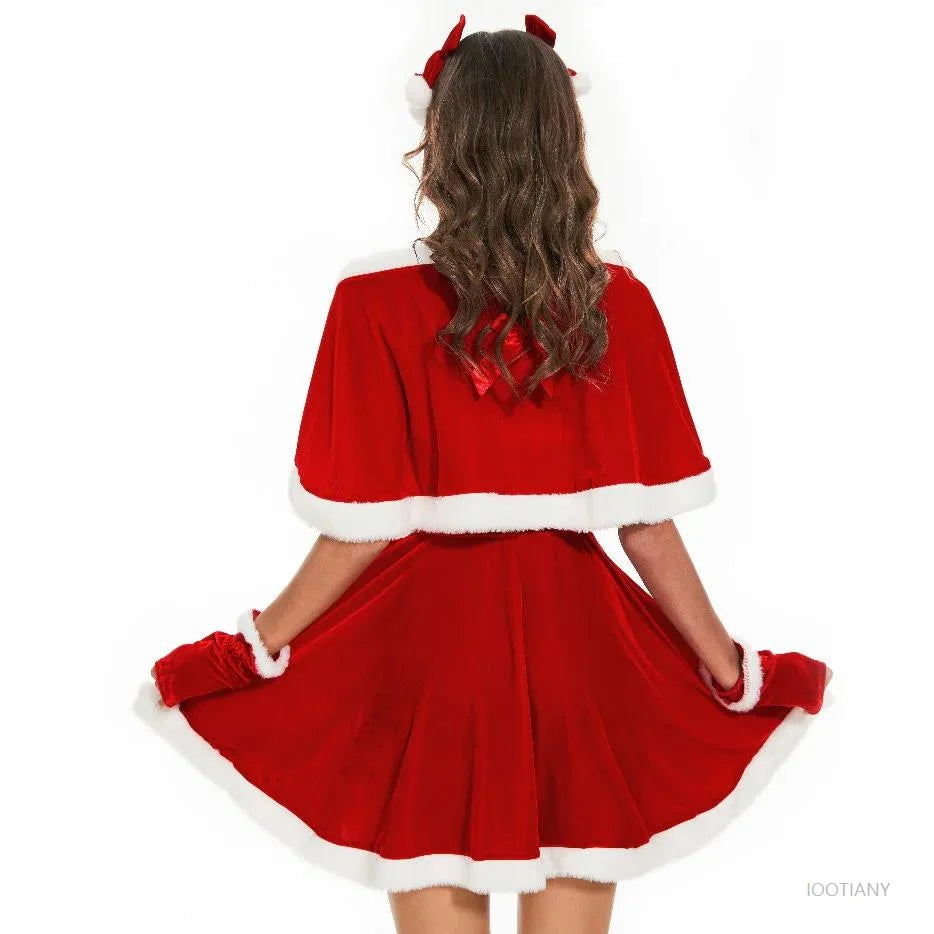 Red Sexy Christmas Uniforms Women's Santa Dress Adult Role Playing Outfit With Shawl Party Performance Fancy Clothing