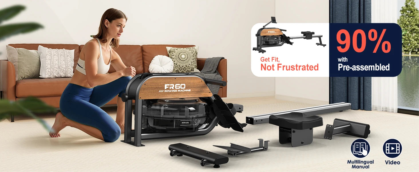 Fysiq Home Rowing Machine, Made of High-Quality Wood, 28L Extra-Large Water Tank, 50% Increased Resistance, Bluetooth Display, Maximum User Height 200cm