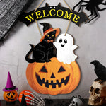 Halloween Welcome Sign with Cat, Ghost and Pumpkin - Festive Door Decor