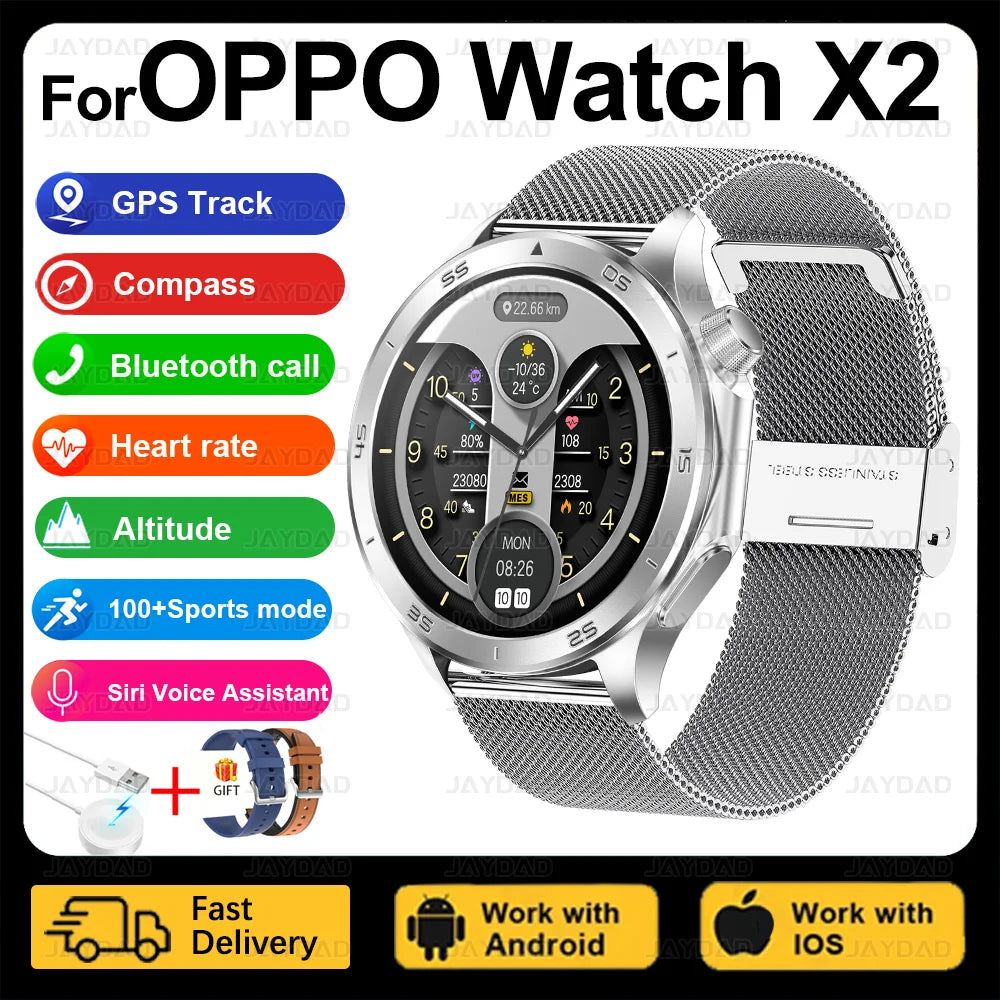 2025 New For OPPO Watch X2 Smart Watch Men AMOLED Outdoor Fashion GPS Compass Heart rate Waterproof Bluetooth Call Smartwatches