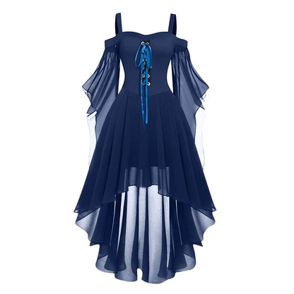 Halloween Witch Cosplay Costumes Women Casual Plus Size Cold Shoulder Dress Solid Color Chiffon Butterfly Sleeve Gothic Dress