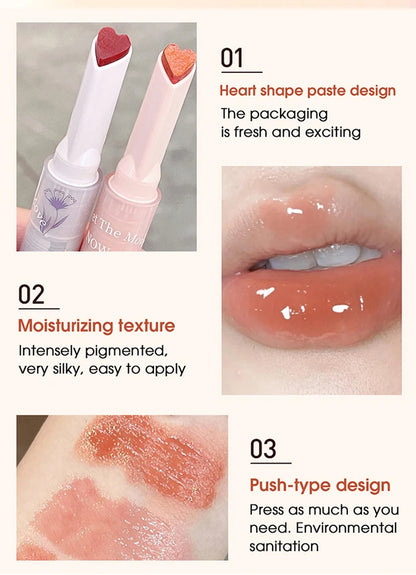 Gege Bear Floral Whisper Moisturizing Mirror Shine Lipstick — Glossy Jelly Finish, Heart-Shaped Bullet, Hydrating Lip Balm