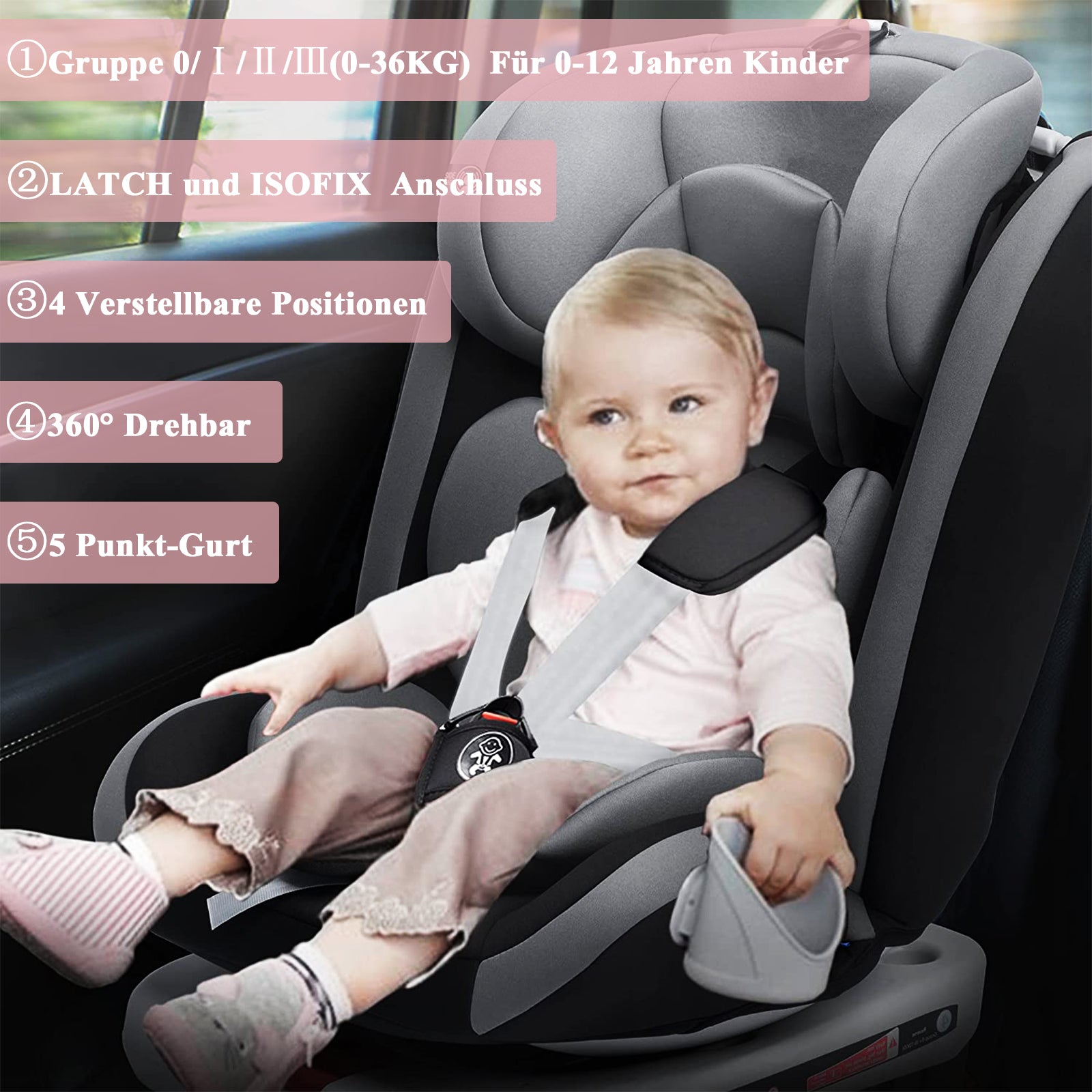 AP03 Child Car Seat 360° Rotating 5-Point Belt 9-36kg 0 -12 years ECE ISOFIX Child Safety Seat KL005